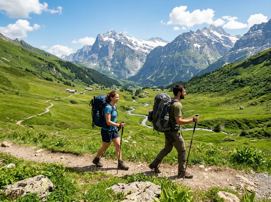 Travelers hiking through a scenic mountain landscape