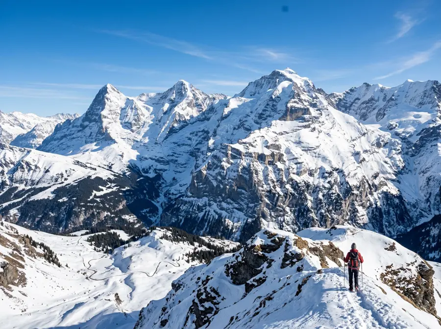 Snow-covered mountain peaks under a clear sky